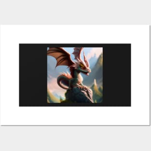 Baby Gold Dragon with Pink Wings on a Rock Posters and Art